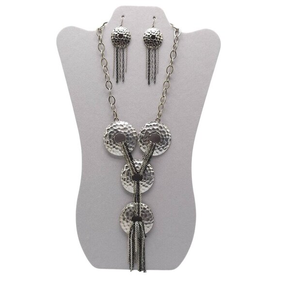 Hammered Silver Tone Necklace Earrings Set With Chain Tassels Laura Ashley - Picture 1 of 7